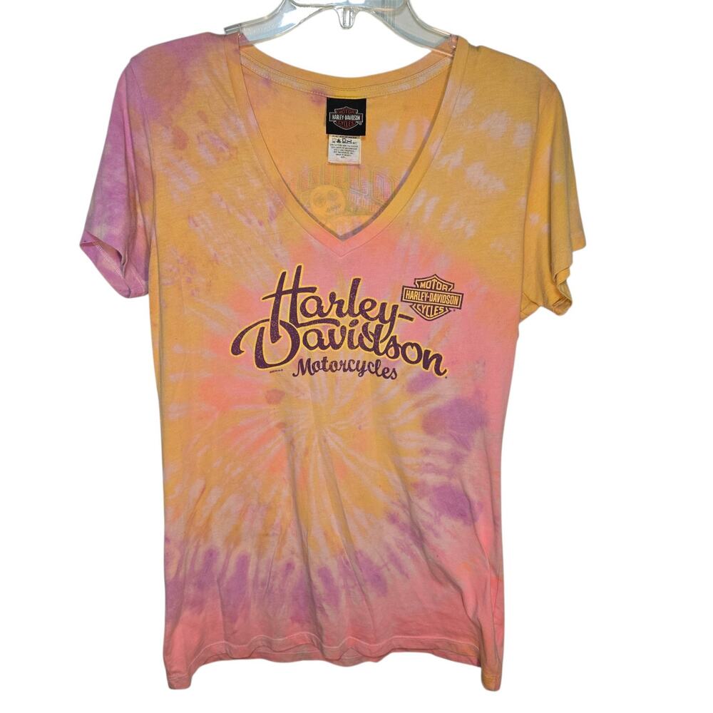 Harley Davidson Womens Vneck Yellow Pink Tie Dye French Quarter Voodoo Sz Large